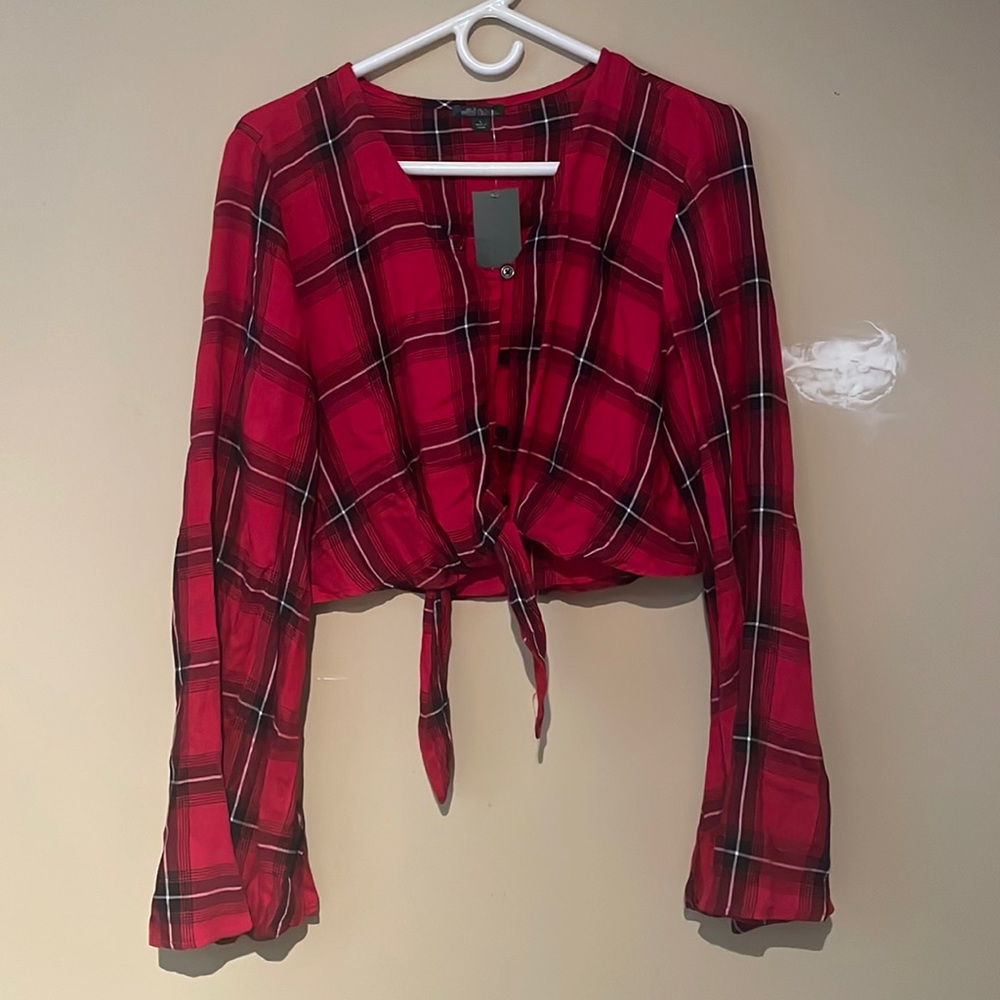 Red Plaid Crop Top With tie and Flair Sleeves